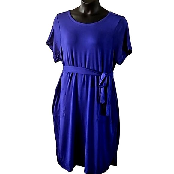 NWOT Isaac Mizrahi Live! Women’s Blue Short Sleeve Belted French Terry Dress 1X - Picture 4 of 8